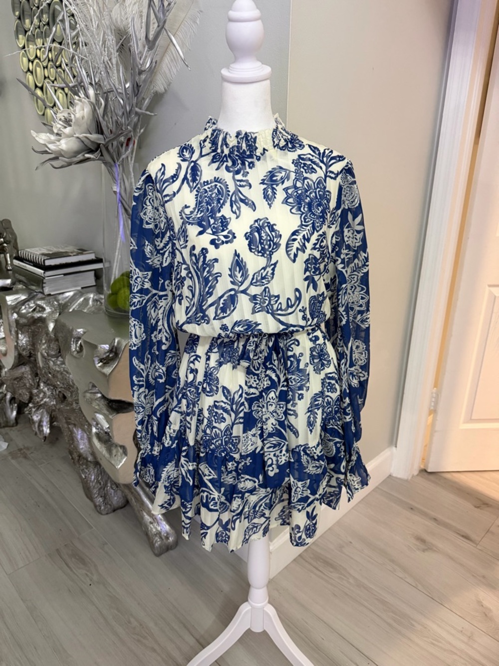 Blue & White Floral Smocked Waist Girls Dress